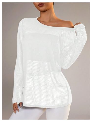 SweatyRocks Women\'s Long Sleeve Crew Neck Loose Gym Workout Mesh Smocked Tops White Small