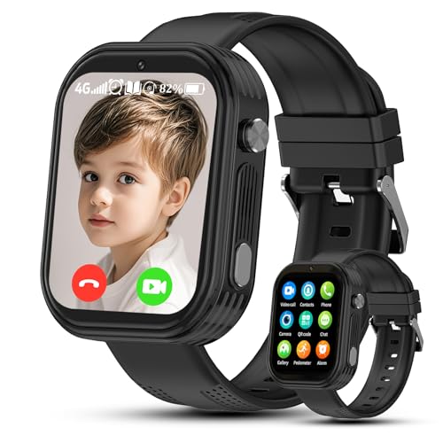 kaacly Reloj Inteligente Niño 4G con GPS Videollamadas HD Chat Familiar SOS Teléfono,IP68 Resistente al Agua, Smartwatch Niños Regalos para Niños Niñas (Black)