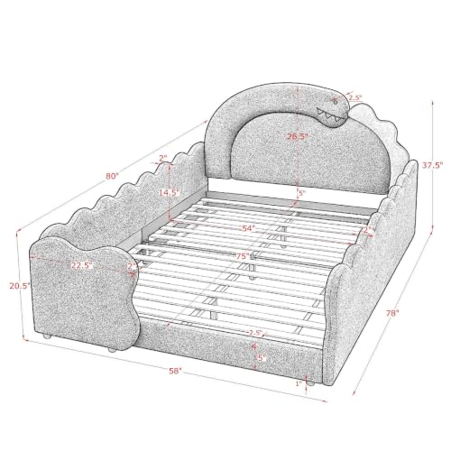 Image of Full Bed Frame for Kids, Floor Platform Bed Dinosaur, Blue
