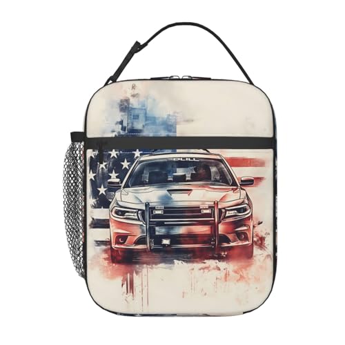 SIUKUS Insulated Lunch Box for Kids Boys Girls, Reusable Lunch Bag for School, Office, Work, Picnic, Travel, American Flag and Police Car Lunch Box