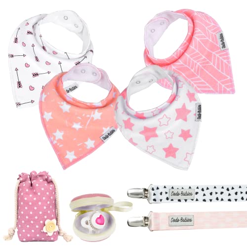 Image of Dodo Babies Bandana Drool Bib Set – Four 100% Cotton Bibs with Soft Polyester Lining, 2 Pacifier Clips, Binky Case, Pink Gift Bag for Baby Girl or Boy Shower – Adjustable Snap Fit for 3-24 Months