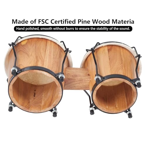 Image of Softline Pro Bongo Drum Set with Tuning Wrench & Padded Professional Wooden Percussion Instrument for Beginner Adults Kids - Natural Skin (Natural)