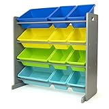 Humble Crew Kids Toy Storage Organizer with 12 Plastic Bins, Grey/Blue/Green/Yellow – Removable Bins for Playroom, Bedroom, Toddler Furniture for Boys and Girls Ages