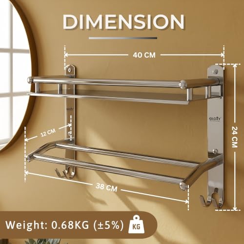 Image of GLOXY Premium Washroom Storage Organizer Rack Shelf with Bathroom Towel Hanger 15 inch -Combo Pack of 3 Stainless Steel Chrome Finish Heavy Bathroom Fittings Accessories Set for Home, Office & Hotel