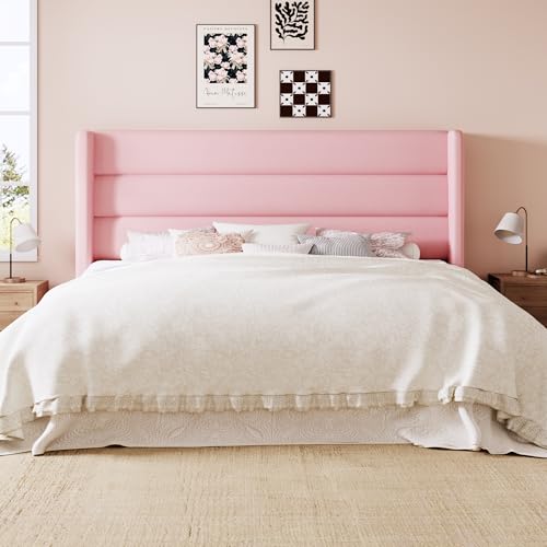 Image of Allewie King Size Platform Bed Frame with Velvet Upholstered Wingback Headboard, No Box Spring Needed, Under Bed Storage Space, Strong Wooden Slats, Modern Mattress Foundation, Easy Assembly, Pink
