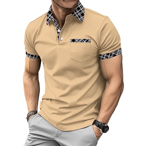 Men Chest Pocket Lapel Polo Shirt Quarter Button Color Matching T-Shirt Summer Casual Business Pullover Tops (Khaki,X-Large)