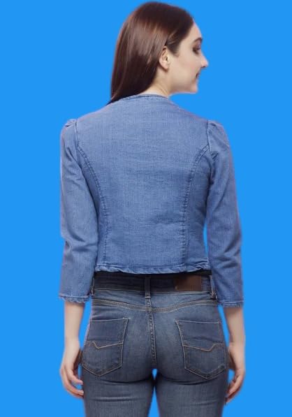 Image of Wingzss Women's Denim Jacket, Blue, Button Front, 3 /4 Sleeves, Casual Blazer Style (in, Alpha, XL)