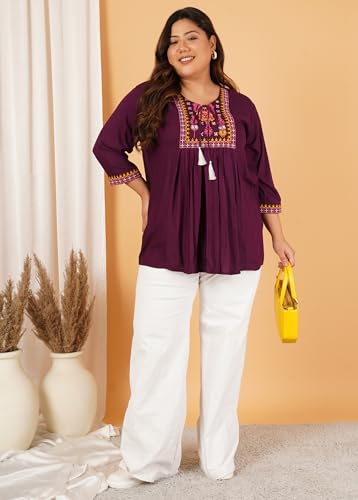 Image of Indietoga Women's Plus Size Viscose Rayon Embroidered Regular Fit Tops (2XL to 7XL)