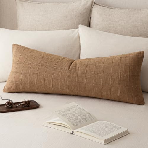 Image of Foindtower Set of 1 Decorative Linen Check Throw Pillow Cover Neutral Farmhouse Lumbar Cushion Cover Soild Modern Boho Home Decor for Sofa Chair Couch Bedroom Living Room,14x36 Inch,Brick
