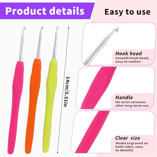 Iuuidu 3PCS Crochet Hooks, Ergonomic Handle Crochet Hooks for Arthritic Hands 3Size, Extra Long Crochet Needles for Beginners, Comfortable Smooth Knitting Needles for Handmade DIY Multicolor - Thumbnail 2