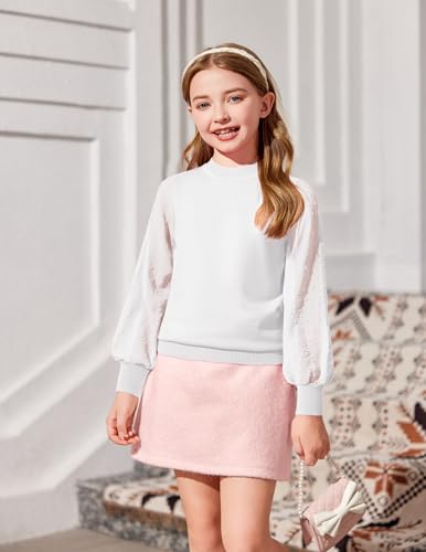 Image of Arshiner Girls Puff Long Sleeve Sweaters Crewneck Lace Polka Dot Casual Knit Tops Pullover Jumper Outwear for Kids