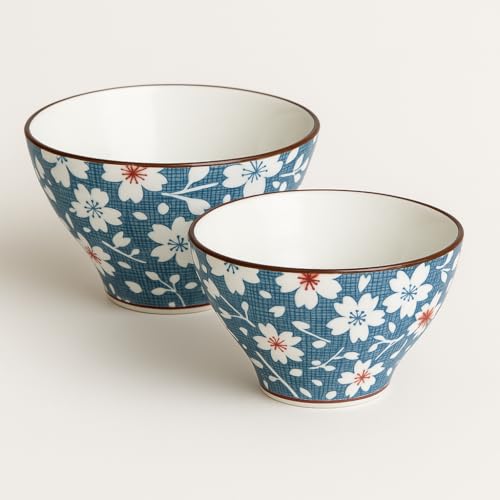 Image of YELONA Japanese Style Ceramic Bowls - 4.8 Inch (300ml), Set of 2 - Floral Design Rice /Noodle Bowls - Microwave & Dishwasher Safe, Ideal for Gifting Choice