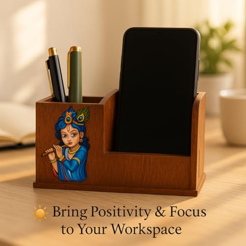 Image of DivineCraftedArt Handcrafted Wooden Pen Holder & Mobile Stand | Desk Organizer for Office, Home & Study Table | Pen Pencil Stand with Card Holder (6.75x3.75x2.5 Inch) (Krishana Harmony)