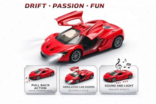 Image of 1:36 Scale McLaren 720S Toy Car - Die-Cast Metal Pull Back Vehicle with Openable Doors, Lights & Music - Sports Model for Kids, Boys & Collectors (Red)