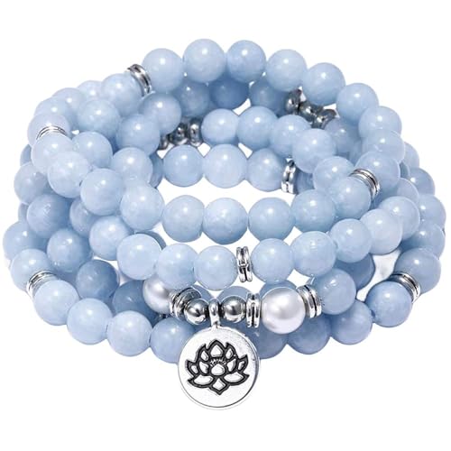YONGHONGKEJI Bracelet De Pierres Précieuses De Calcédoine Bleue Naturelle Pour Femmes Ensemble De Superposés Bohème Pendentif Lotus Élastique Bijoux Cadeaux Pour La Fête Des M