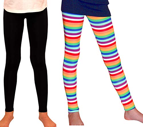Girls' Leggings, High Waist, Full Length, Soft and Stretchy, Rainbow Stripes Graphic Print & Black
