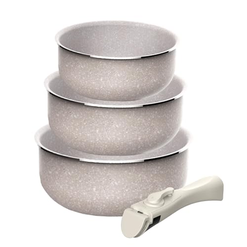 Juego de 3 Cacerolas Ø16Ø18Ø20cm en aluminio prensado con revestimiento ILAG + Mango extraíble Click&Cook, Apto inducción, antiadherentes, sin PFOA, apto lavavajillas y horno