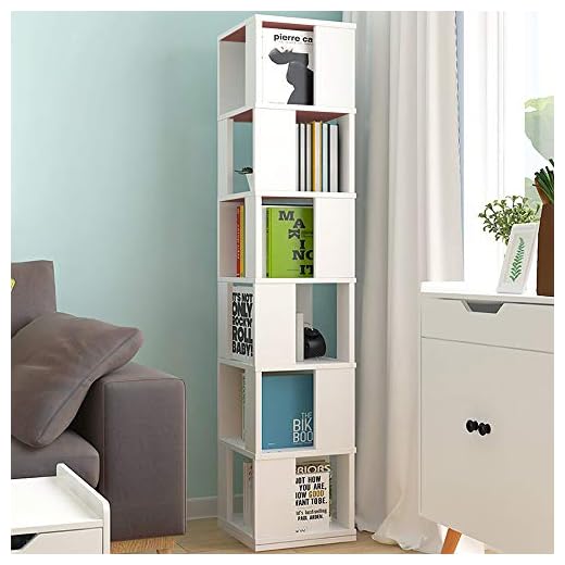 QIHANG-US 6 Tier Wooden Bookcase Corner Tall Book Shelf Modern 360° Rotating Storage Display Rack Floor Standing Shelves with Open Design Shelving Unit for Home Office Living Room Study, White