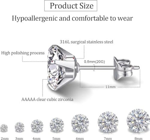 7 Pairs 20G Hypoallergenic Stud Earrings Set for Women Men, 14K Gold/Silver Plated Stainless Steel Cubic Zirconia Earrings for Sensitive Ears, Cartilage Sleeper Ear Piercing Jewelry (2/3/4/5/6/7/8mm) - Image 5