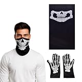 KOQAIIZ Pasamontañas de Calavera Ciclismo Máscaras de Media Cara Transpirable Esqueleto Tubo máscaras, con 1 par Guantes de esqueleto, para Moto Piscina equitación y por Hallowmas