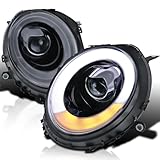 SPEC-D TUNING Halo Rims LED Turn Signal Smoke Projector Headlights Compatible with 2007-2013 R56 MINI Cooper Models, Left + Right Pair Headlamps Assembly