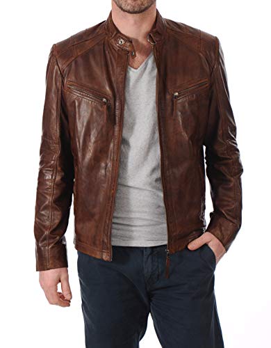 Image of 100% Leather Jacket for Men - Round Collar Slim Fit - Moto, Bomber, Biker Winter Casual Wear