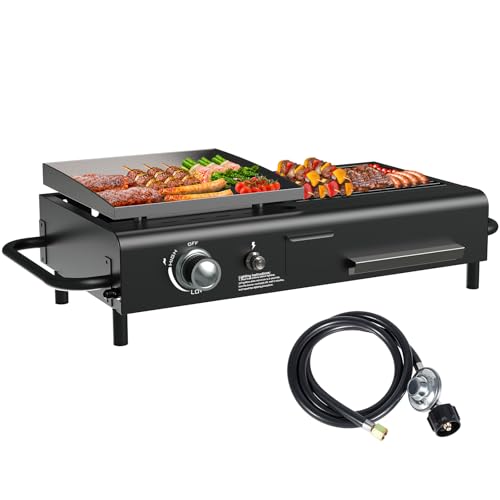 Tabletop Propane & Charcoal Grill Combo, 12,000 BTU Dual Fuel Flat Top Griddle with Dual Lids, 2 Side Shelves & Cast Iron Cooking Area – Compact BBQ Grill for Patio, Camping, and Small Outdoor Spaces
