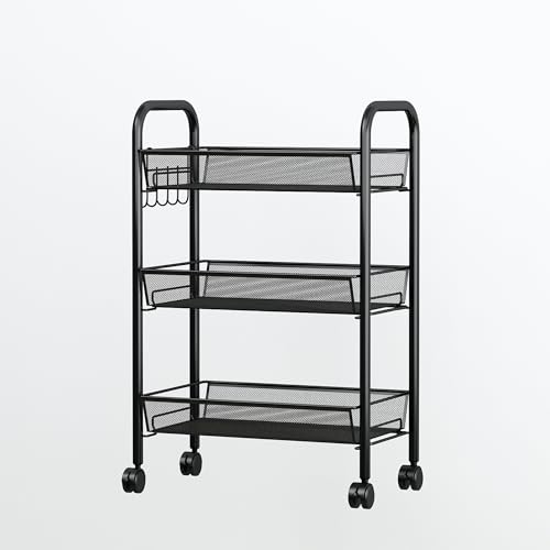 Sulfar 3 Layer Multi Purpose Stainless Steel Rotating Kitchen Trolley Space-Saving Fruits Vegetables Storage Rack Organizer (Black)