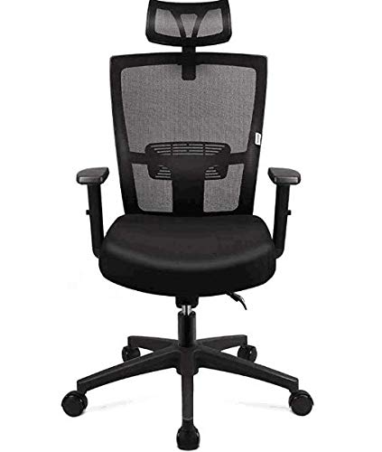 Sunjas Ergonomische bureaustoel met netrugleuning, bureaudraaistoel, draaibare computerstoel, bureaustoel, verstelbare hoofdsteun en L-vormige armleuningen en gevoerde zitting, zwart