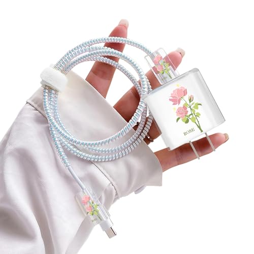 Flowers DIY Cable Protector for iPhone 18W/20W Charger,Pink Rose Pretty Design Transparent Data Line Cable Saver Phone Charging Protector for Apple Charger Case