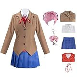 Juejuezi Doki Doki Monika Outfit Yuri Uniform Dress Sayori Cosplay Costume Women Pleated Skirt Shirt Set Halloween (S, Brown3+wig)