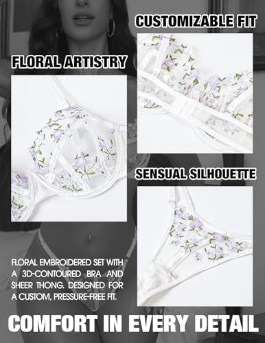 Image of Lingerie Sexy Bra and Panty Set for Women See Through Sheer Underwear Cute Exotic Floral Embroidery Babydoll Set