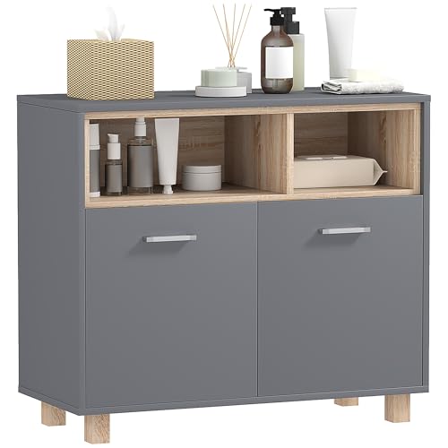 HOMCOM Meuble Salle de Bain Rangement, Meuble de Rangement Style Moderne avec Compartiments Ouverts et Portes Doubles, Armoire pour Salle de Bain, Salon,...