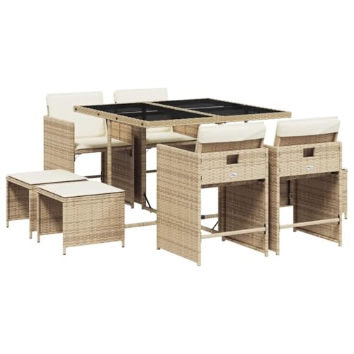 QJBSAVVA Salon de jardin 9 pièces avec coussins, en polyrotin beige, avec système de cubes pour jardin et terrasse, table à manger avec plateau en verre...
