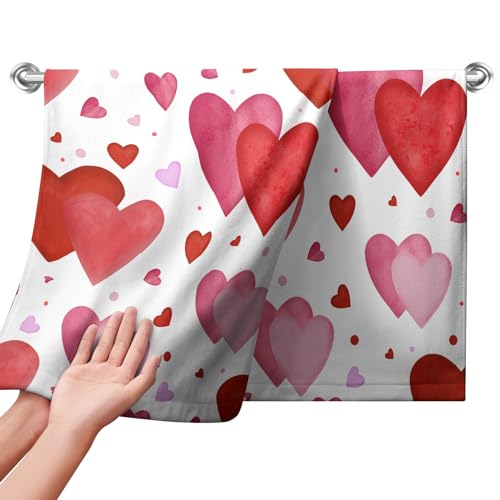 Kwlegh Love Hearts Hand Towels Red Heart Love Bath Towels Pink and White Romantic Bathroom Towels Soft Absorbent Guest Fingertip Dish Towels for Kitchen Hotel Set of 2