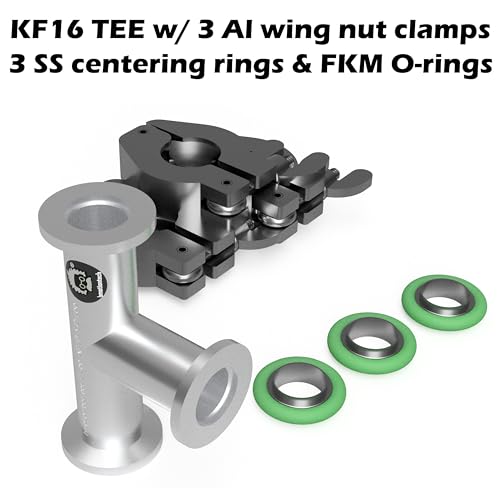 Image of bmotiontech superior grade ISO-KF NW16 KF16 Flange Tee Fitting with 3 sets of Aluminum wing nut clamps & O-rings (KF16 Equal TEE w / 3 clamps)