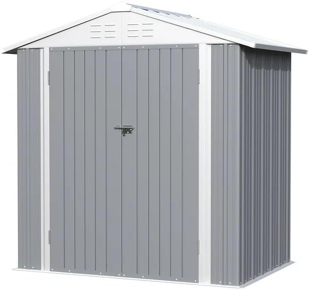 Close-up images detailing the secure door lock, corner protection cap, ventilation design, and high-quality material of the shed.