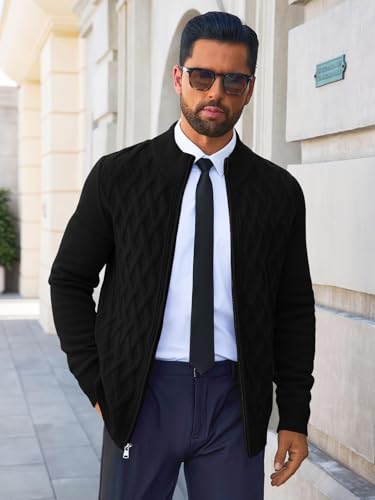 Yousify Mens Cardigan Sweater Full Zip Cable Knitted Stand Collar Cardigan Casual Long Sleeve Sweaters3