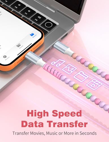 Image of USB C to USB C Cable 6FT,60W Beaded Charger Cord Fast Charging for iPhone 17 16 15 Pro Max /iPad Pro Air 11th for Samsung S26 S25 S24 Ultra S23 A16 /Android Phone Charger Cord Cute Girl Women,Pink-Green