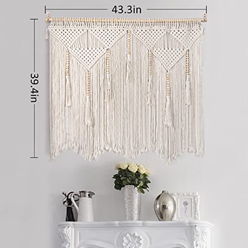 Large Macrame Wall Hanging 43.3" × 39.4" Boho Tapestry Woven Wall Decor- Cotton Tassel Macrame Curtain Beige Chic Bohemian Wall Art For Home Living Room Bedroom Dorm Wedding (Includes Hanging Rod) #TOP6