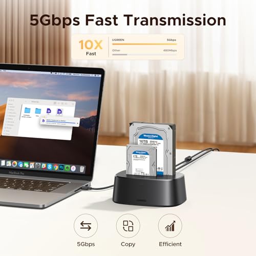 UGREEN Dual-Bay Hard Drive Docking Station for 2.5 & 3.5 SSD HDD Up to 48TB , USB C 3.0 to SATA I/II/III Hard Drive Enclosure Reader with Offline Clone and Duplicator Function Tool Free Installation - Image 5