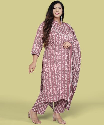 Image of MIRCHI FASHION Plus Size Pure Cotton Kurta Set for Women | 3 Piece Printed Straight Fit 4XL 5XL Kurta Pant Set with Dupatta | Ethnic Work Wear Set | 3XL 4XL 5XL Salwar Suit