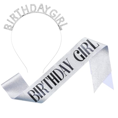 Birthday Crown for Women with Sash, Silver Birthday Sash & Tiara Glitter Crown Rhinestone Headband