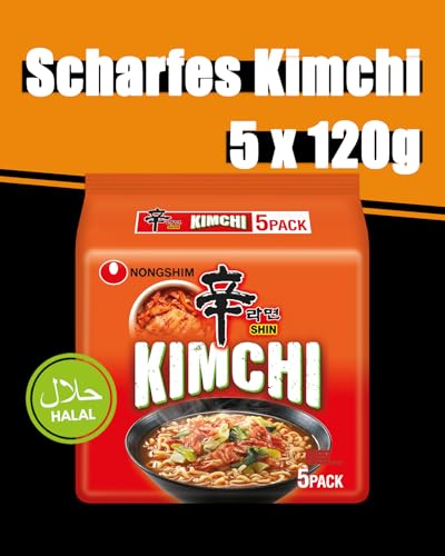 Nong Shim Instantnudeln Kimchi Ramyun – Koreanische Ramen Suppe - schnelle Zubereitung – 1er Multipack - 5 x 120g