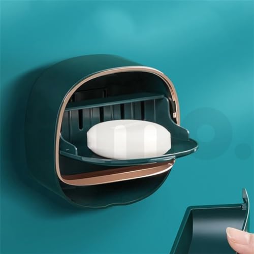Image of Ritmo Soap Dish - Space Saving Waterproof Wall Mounted Box for Shower With Drain and Flip Lid (Dark Green)