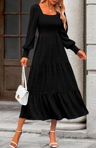 KIRUNDO Spring Dresses for Women 2026 Wedding Guest Maxi Long Sleeve Summer Smocked High Waist Flowy Party Cocktail Dress(Black, Large) — view 3