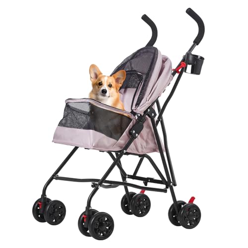 COOLCRAB Pet Stroller Oxford Cloth Foldable Dog Strollers for Small Dogs and Cats Suitable for All Road Surfaces Wide-View Panoramic Window 4 Wheels with Brakes Portable Design, Easy to Store (Pink)