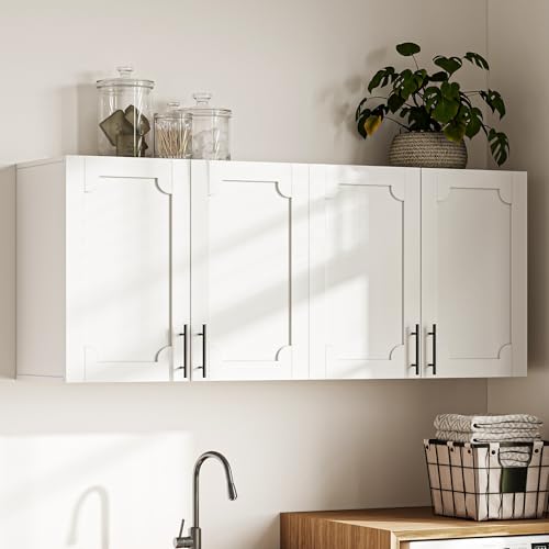 Treocho White Laundry Room Cabinet with 4 Doors, Modern Bathroom