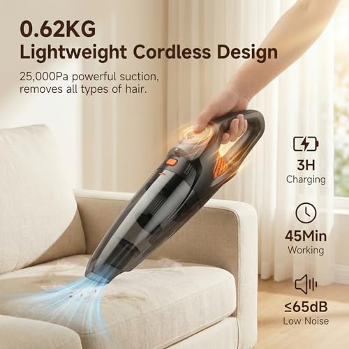 Image of Handheld Vacuum Cordless, 25000Pa Powerful Suction Car Vacuum Portable Cordless with 8000mAh Battery & LED Light, Hand Held Vacuum Rechargeable with HEPA Filters, Home, Car Seats, Pet Hair Orange