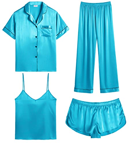 Image of SWOMOG Womens Silk Satin Pajamas Sets 4pcs Sleepwear Sexy Cami Shorts Set and Button Down Short Sleeve Pjs Loungewear Light Blue XX-Large